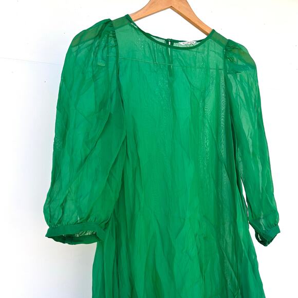 Ali Golden Peasant Dress Kelly Green Sheer Midi XS Sustainable Drop Waist - Picture 5 of 11